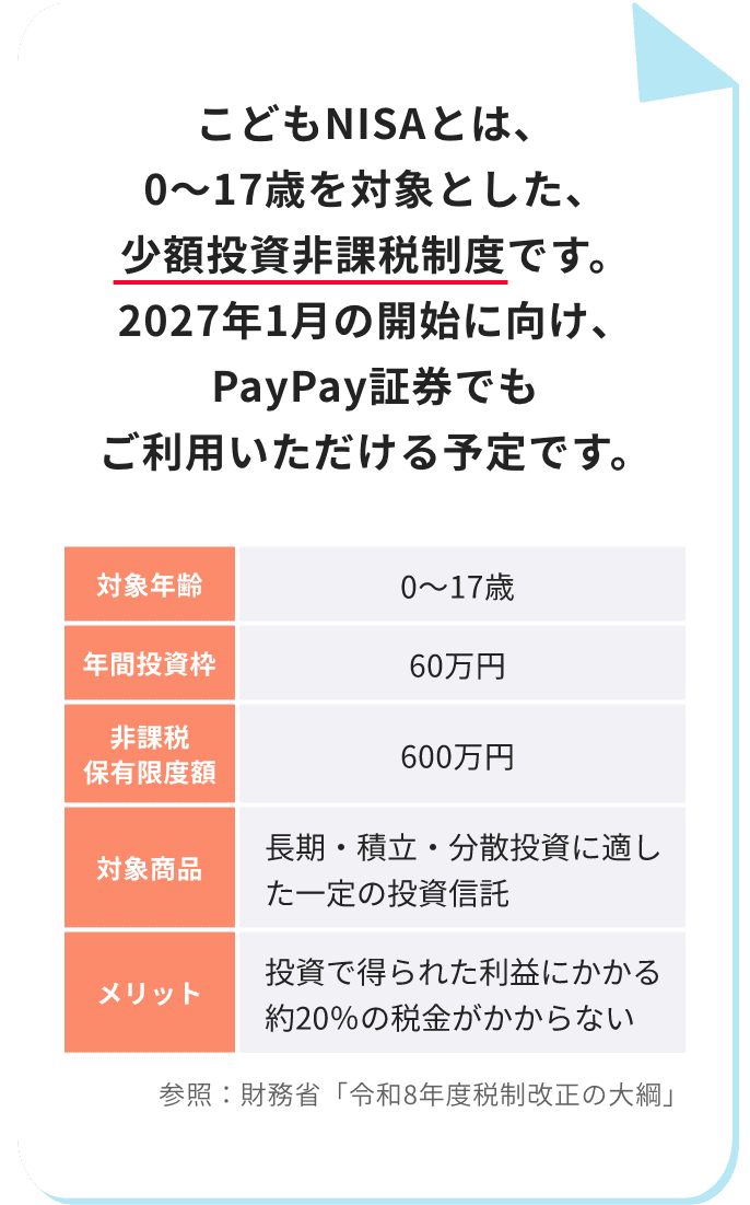 こどもNISAとは、0～17歳を対象とした、少額投資非課税制度です。2027年1月の開始に向け、PayPay証券でもご利用いただける予定です。